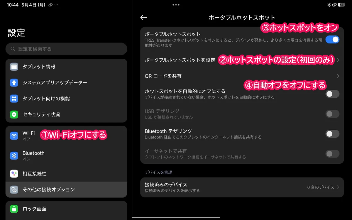 Androidタブレット設定画面：ポータブルホットスポット設定画面。①Wi-Fiオフの確認 ②ホットスポット設定 ③ホットスポットをオン ④自動オフを解除